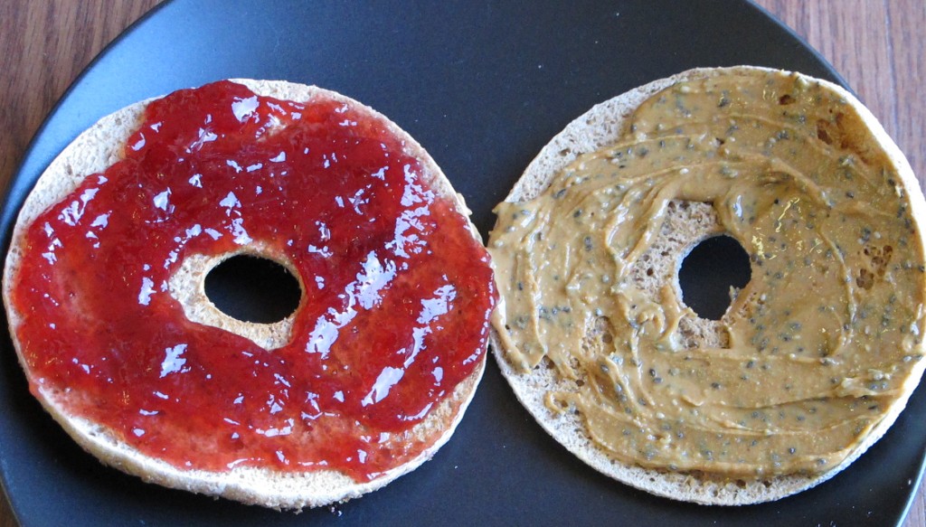 peanut butter and jelly with chia seeds on a bagel