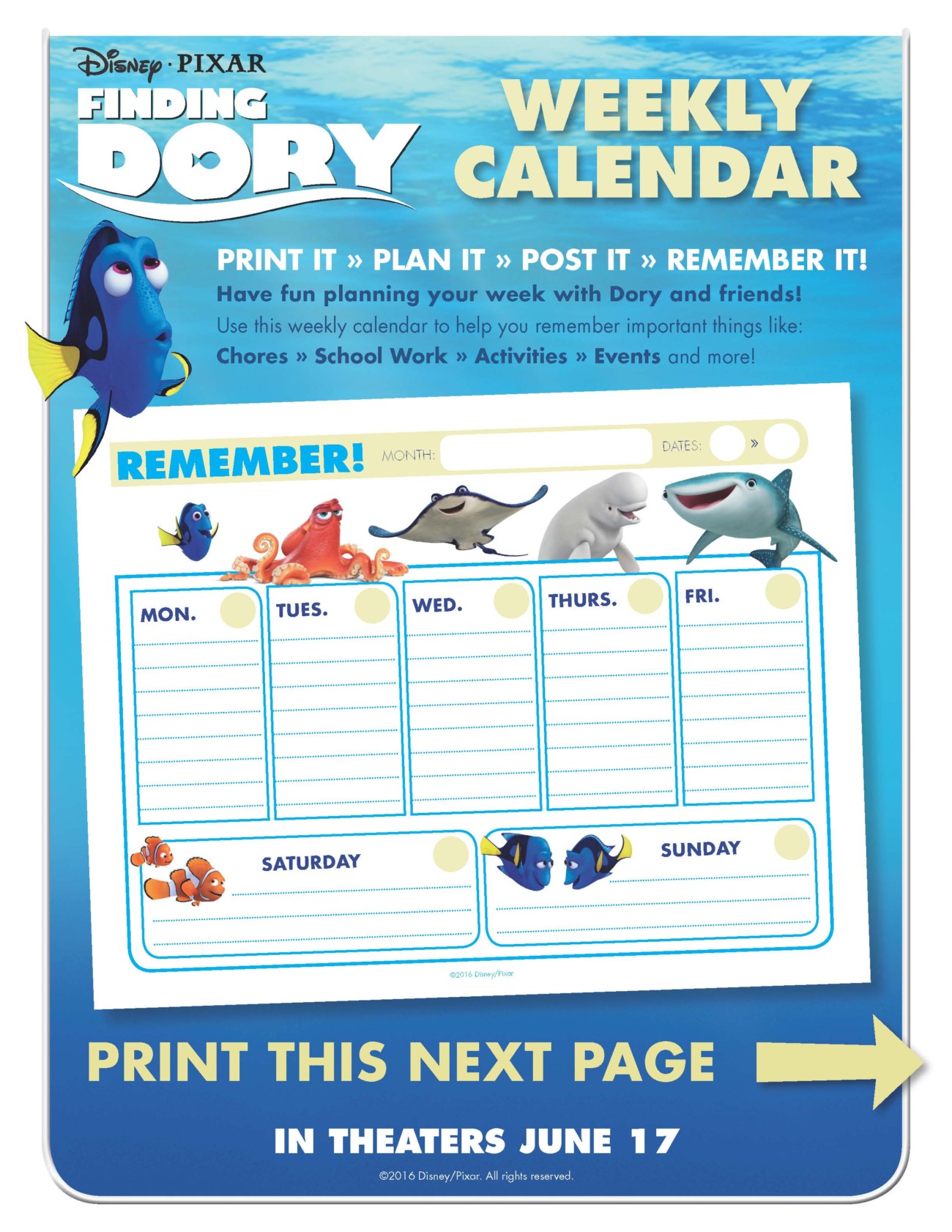 Finding Dory calendar