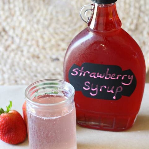 Homemade Strawberry Syrup For Strawberry Soda In Upcycled Maple Syrup Jars