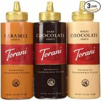 Torani Sauce 3 Pack Chocolate, Caramel, White Chocolate 16.5 Oz with NEW Packaging