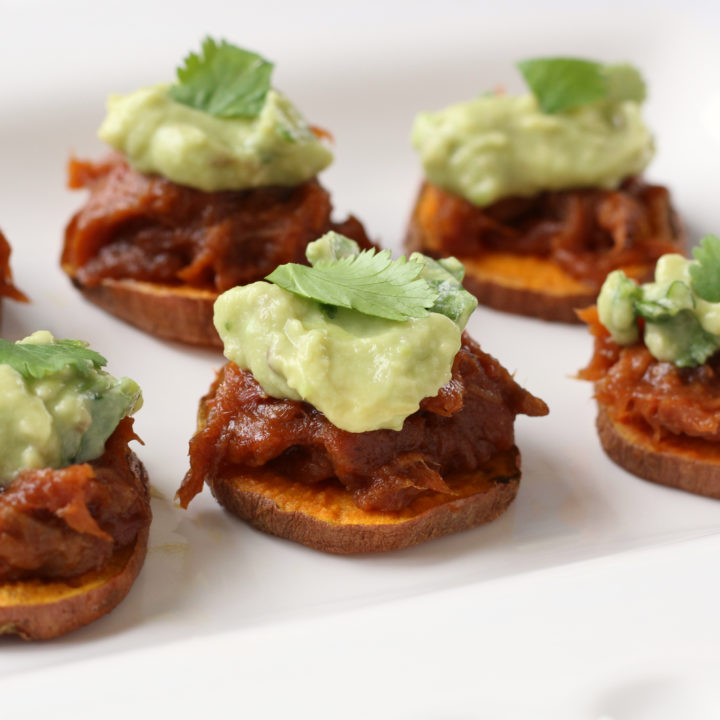 BBQ Beef Sweet Potato Bites with Avocado Cilantro Cream