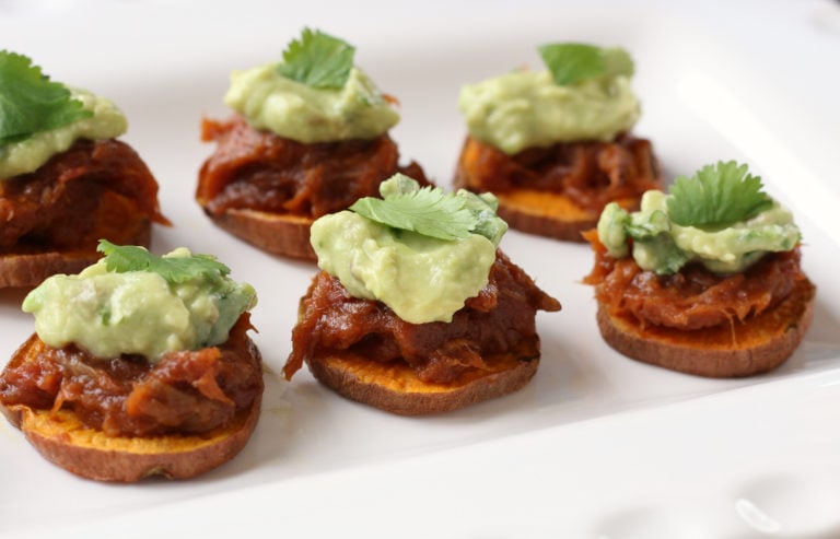 BBQ Beef Sweet Potato Bites with Avocado Cilantro Cream
