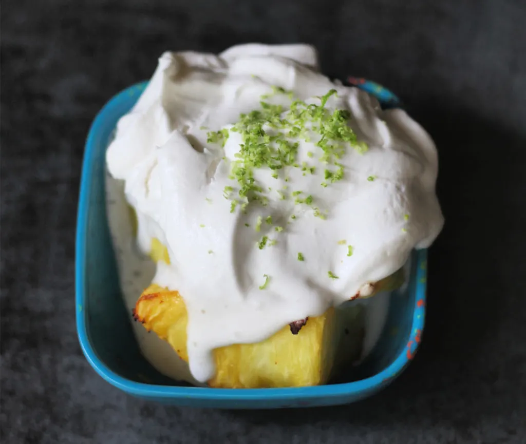 air fryer pineapple with coconut whipped cream pina colada