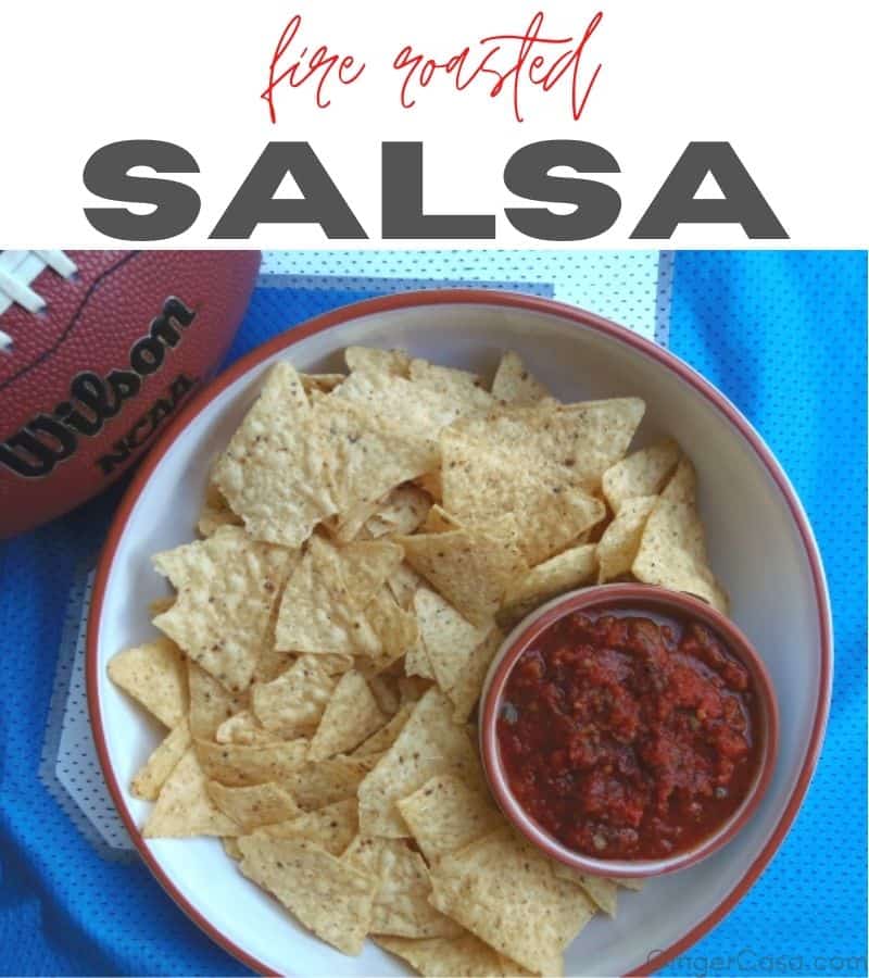 fire roasted salsa - perfect for game day - with chips in a bowl, football, and jersey