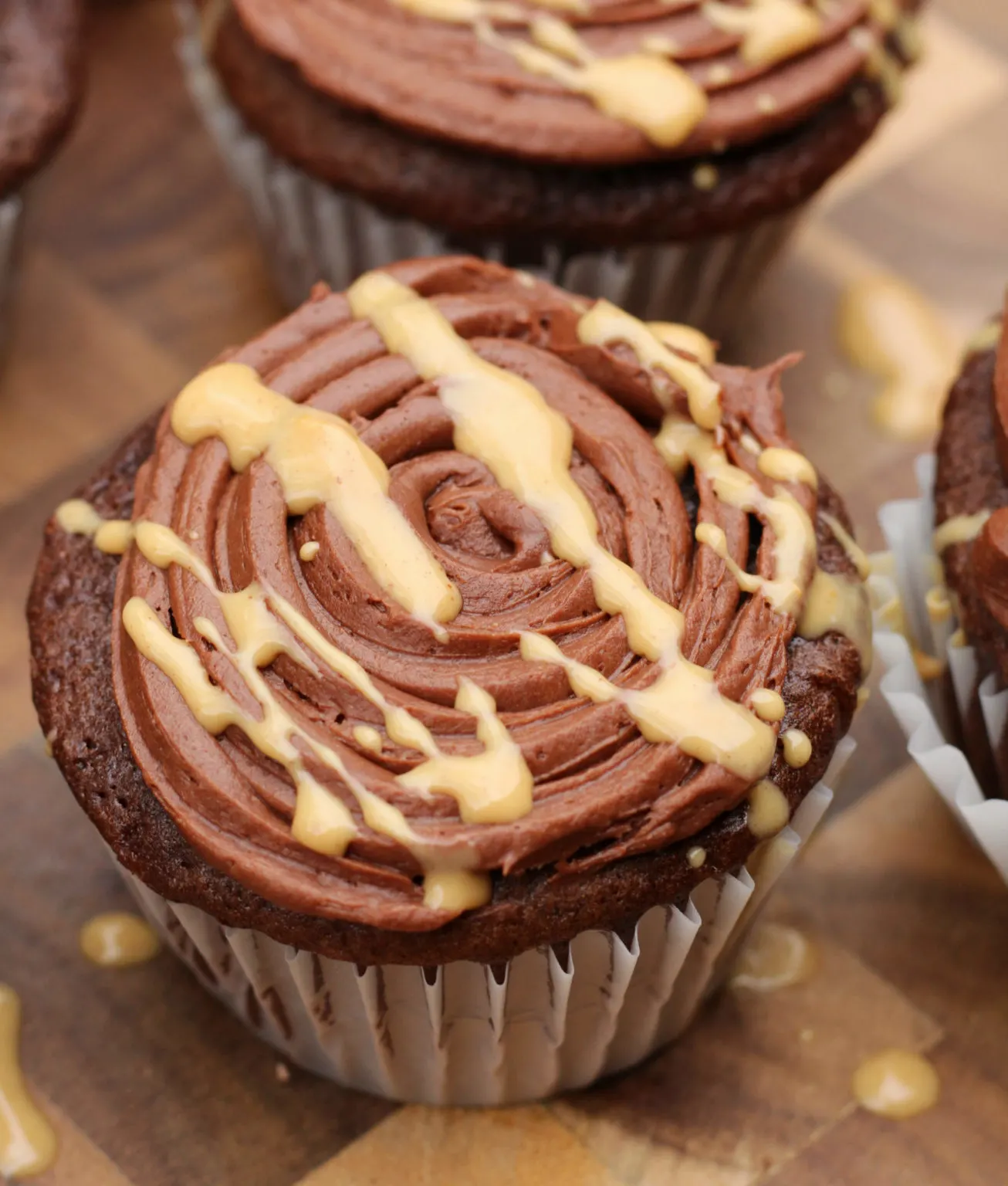 Close up shot of a Reese’s Peanut Butter Cup Chocolate Cupcake.