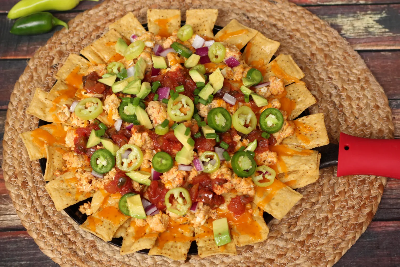 Skillet of breakfast nachos from overhead.