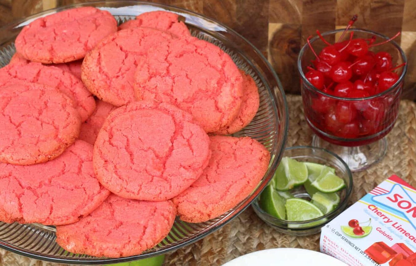 cherry limeade cookies, sonic cherry limeade box, limes, cherries