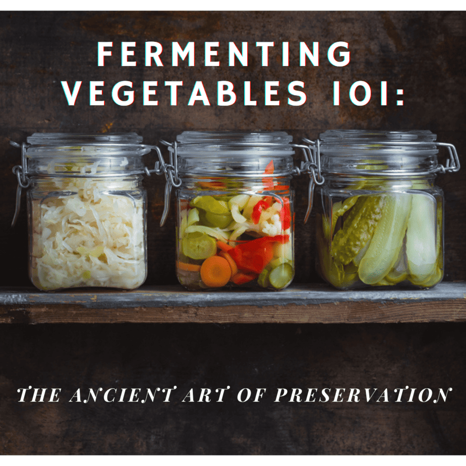 title picture: fermenting vegetables with three jars of fermented vegetables