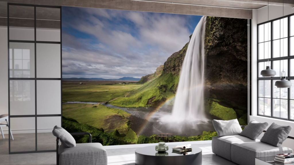 accent wall with wallpaper - photo of a waterfall