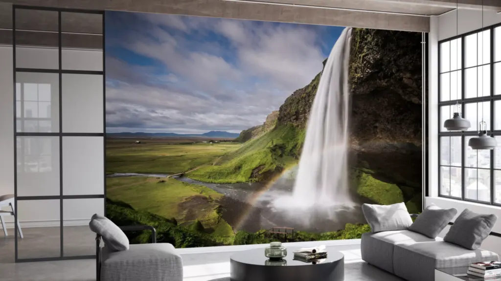 accent wall with wallpaper - photo of a waterfall