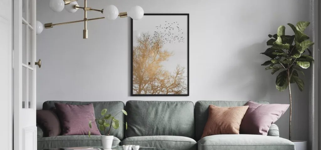 poster of a golden tree near a couch
