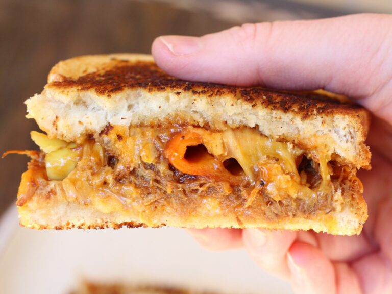 Barbecue Chicken Grilled Cheese on Sourdough with Banana Peppers