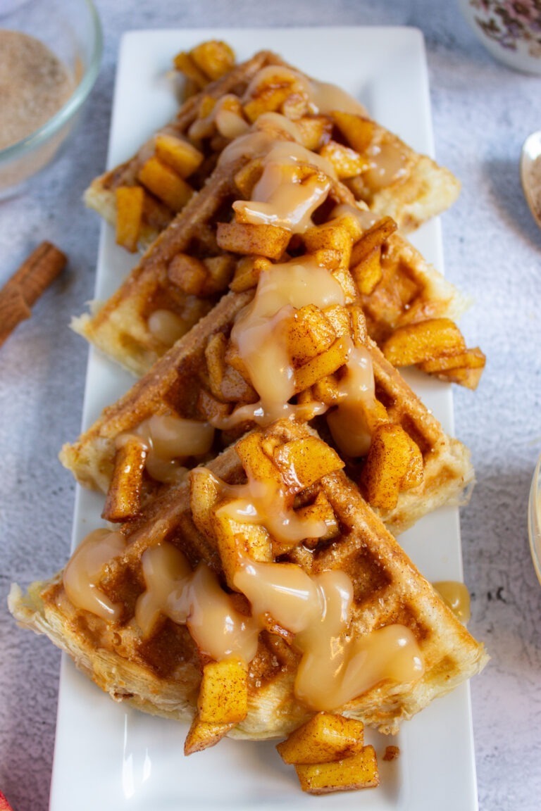 Apple Pie Cheesecake Stuffed Waffles with Salted Caramel