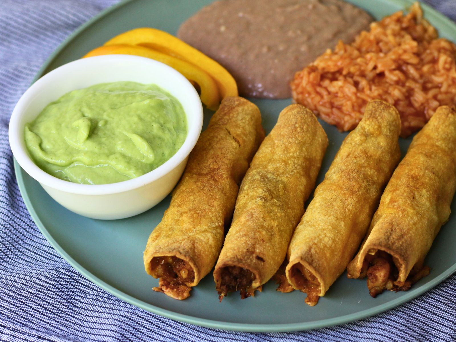 avocado tomatillo blender salsa with taquitos