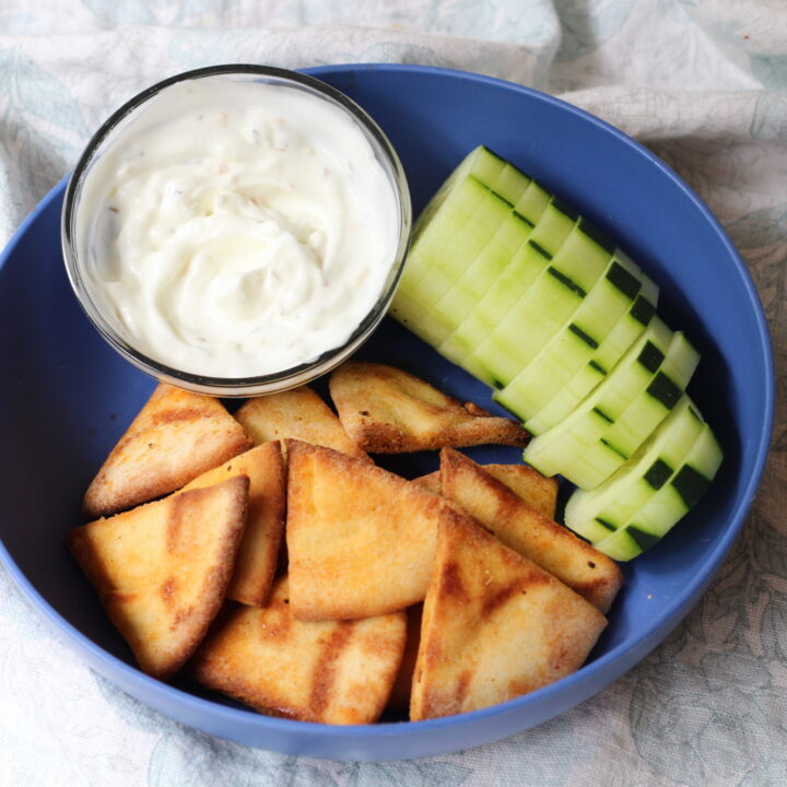 Hot Honey Pita Chips in the Air Fryer with Homemade Tzatziki